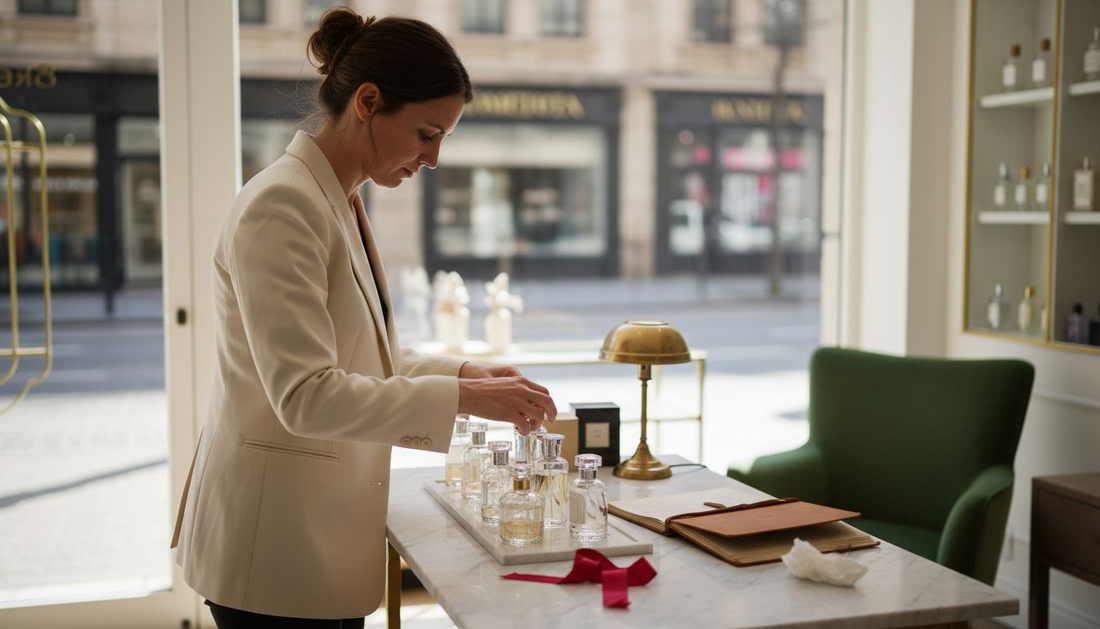 Boutique owner arranging luxury fragrance display