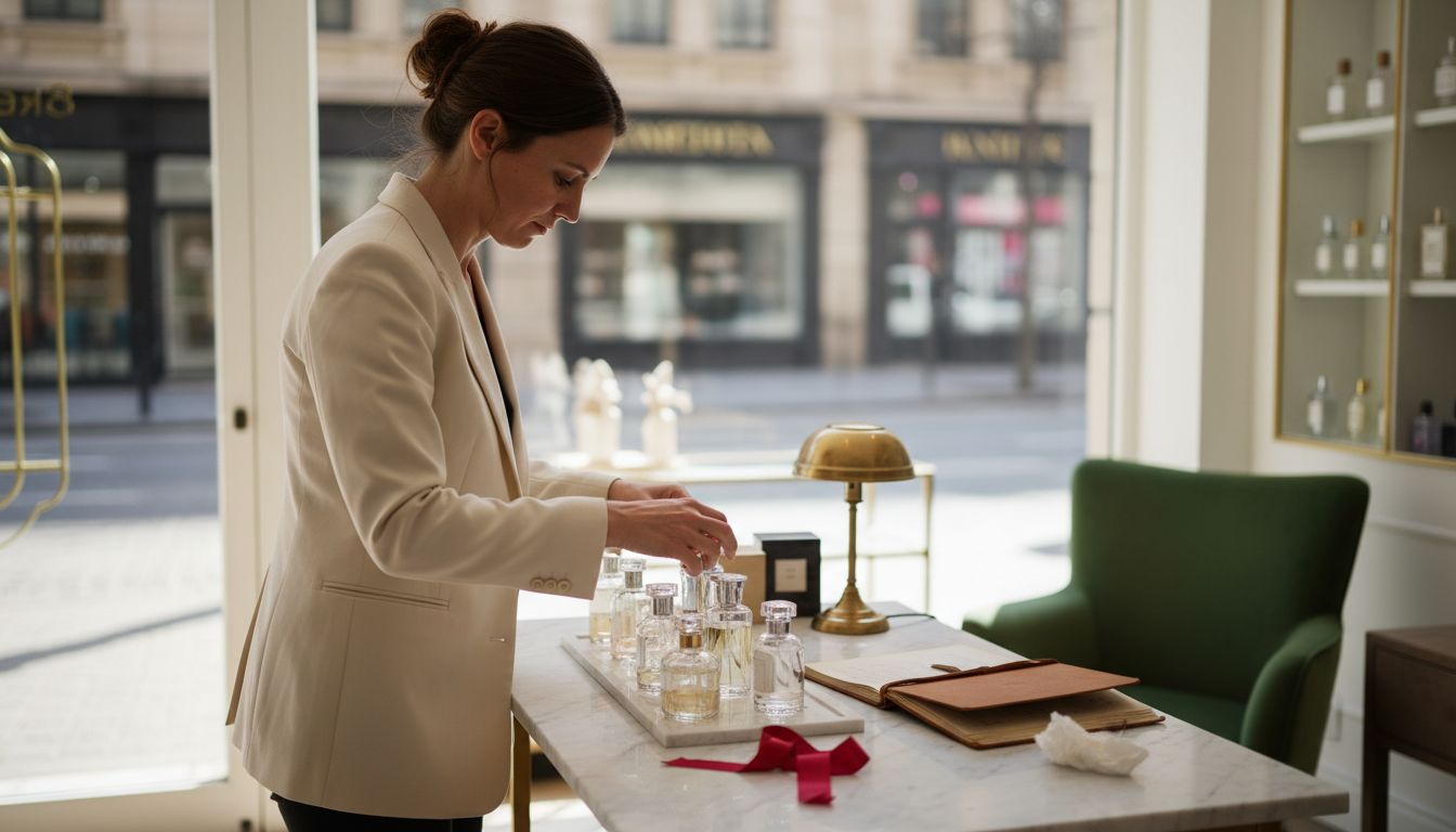 Boutique owner arranging luxury fragrance display