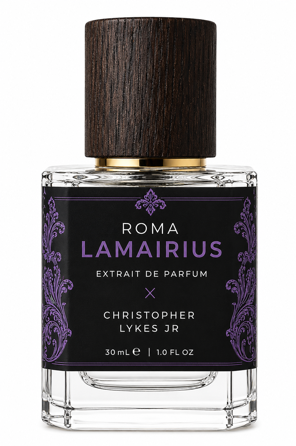 A 30ml bottle of Roma Lamairius Extrait de Parfum by Christopher Lykes Jr, featuring a clear glass bottle, a black label with purple damask patterns, and a dark wood-textured cap with a gold collar.