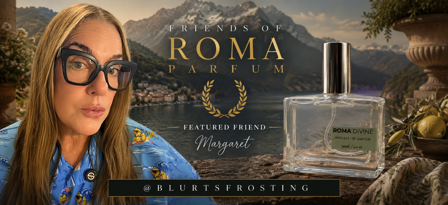 Woman with glasses and a scenic background with 'Friends of Roma Parfum' branding.