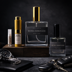 Roma Serenade perfume bottles on a dark background with accessories.