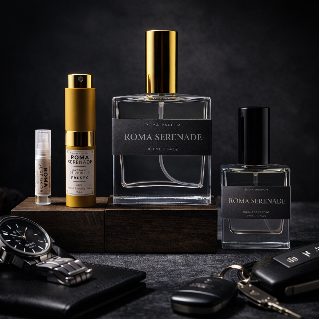 Roma Serenade perfume bottles on a dark background with accessories.