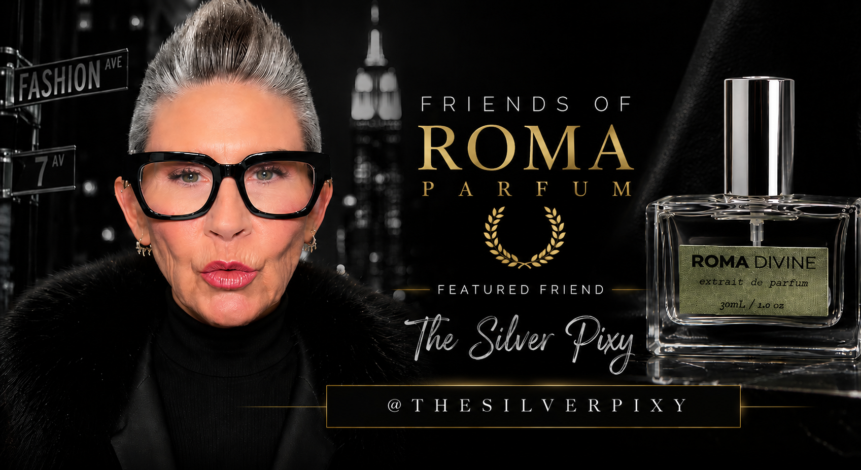 Promotional image for Roma Parfum featuring a woman and a perfume bottle.
